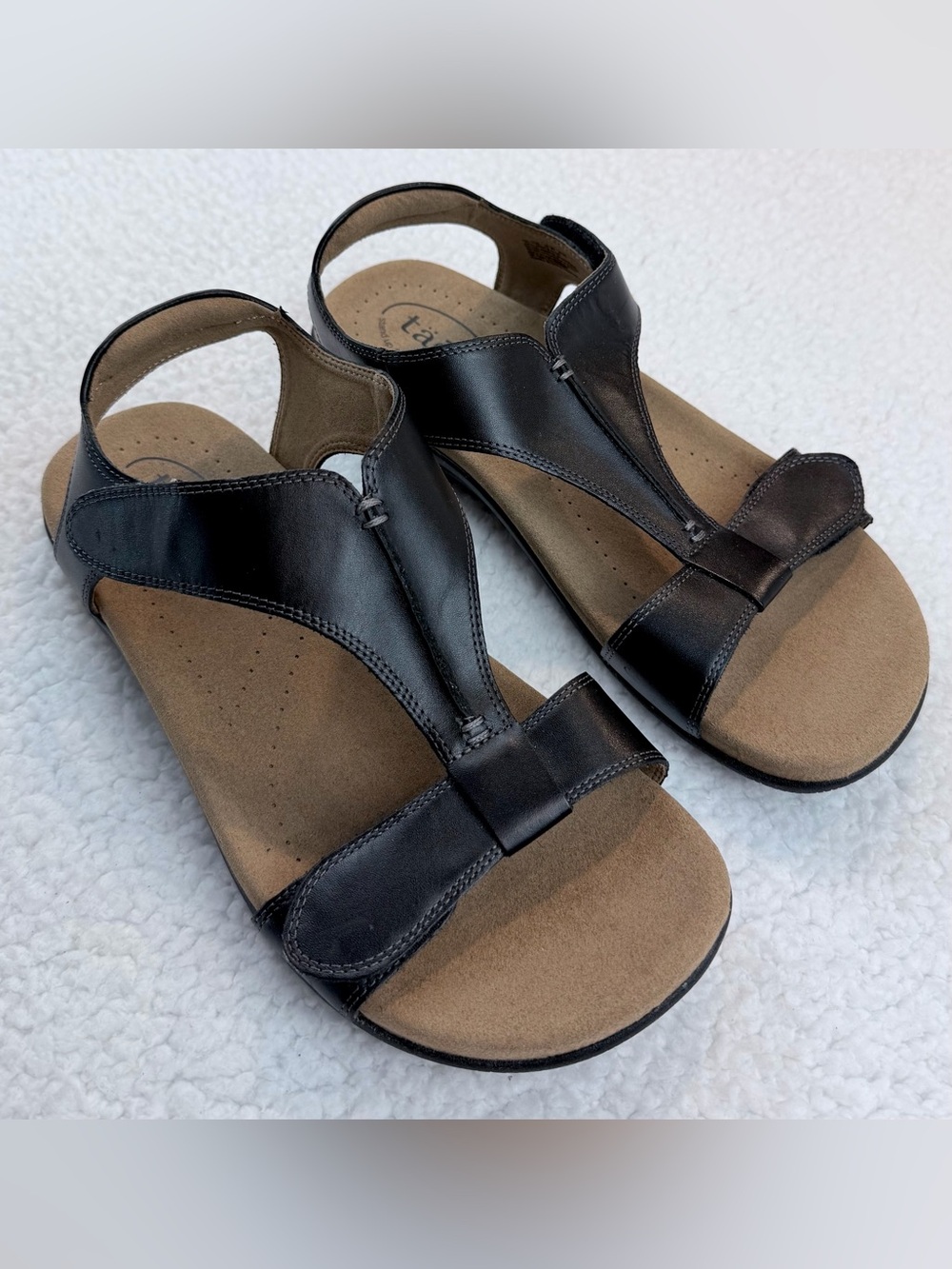 TAOS • Black/Tan Leather Open Toe T‑Strap Comfort Sandals, 9 - Picture 9 of 16
